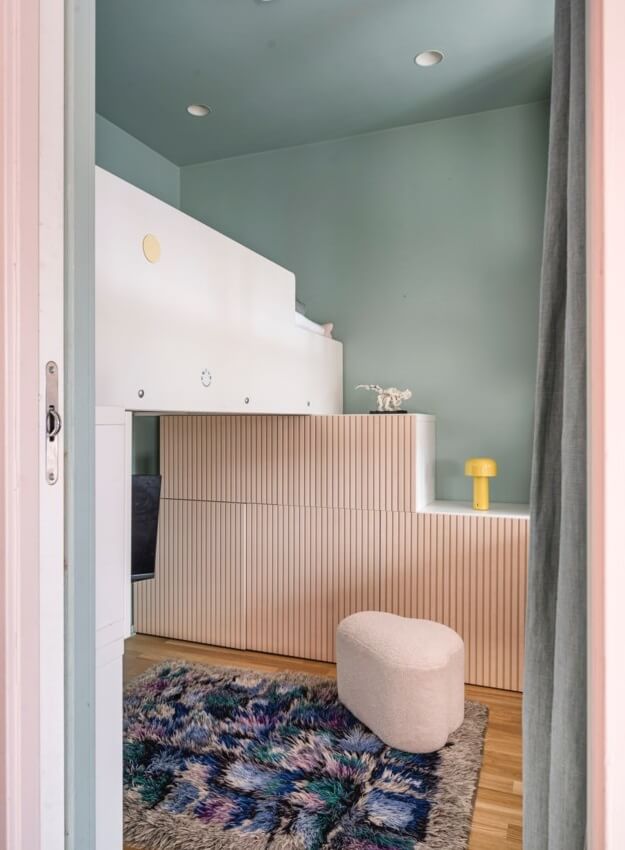 A Small, Colorful Attic Apartment with A Yellow Kitchen 17 green bedroom with loft bed
