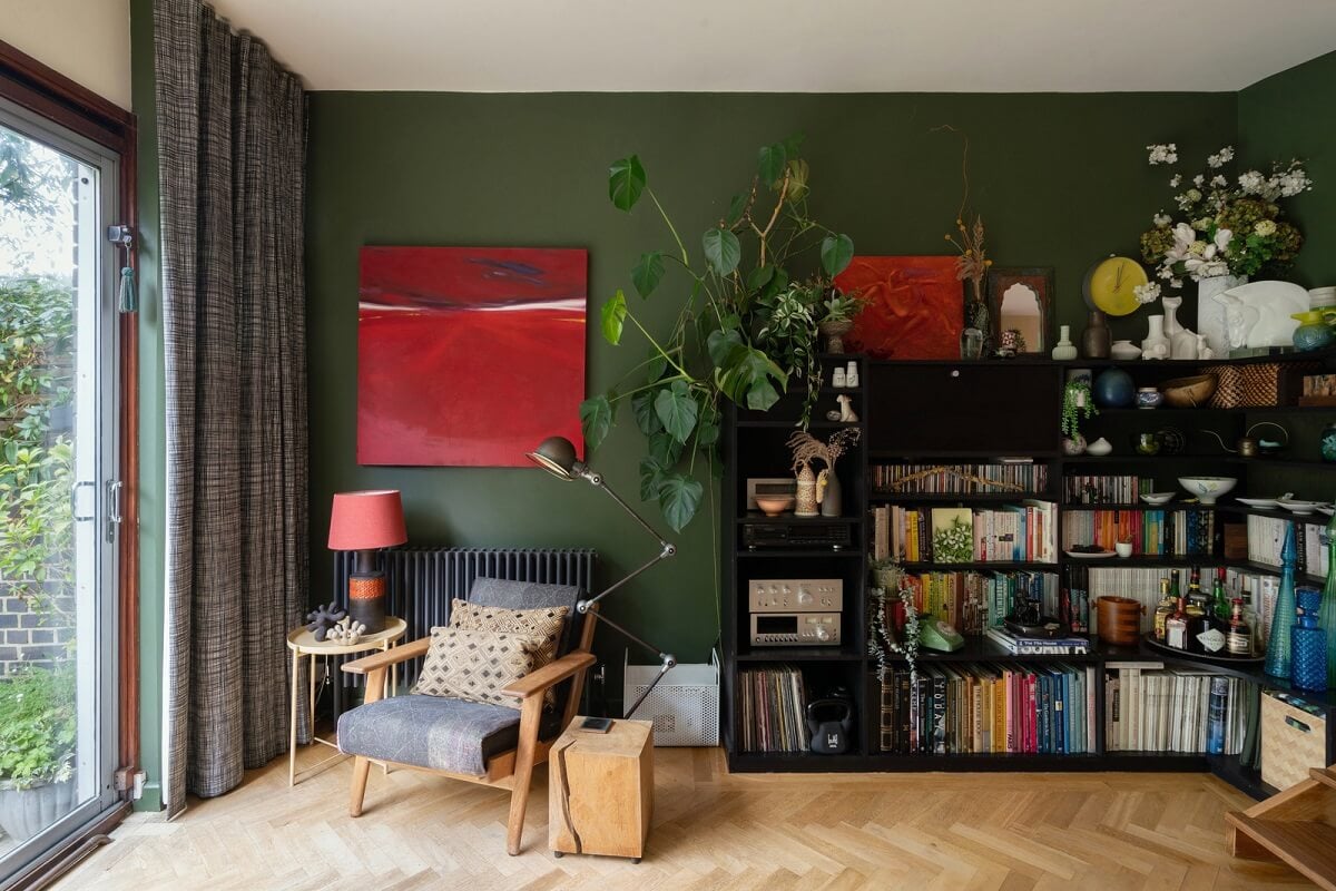 A Beautiful Mid-Century House in London 3 green wall living room