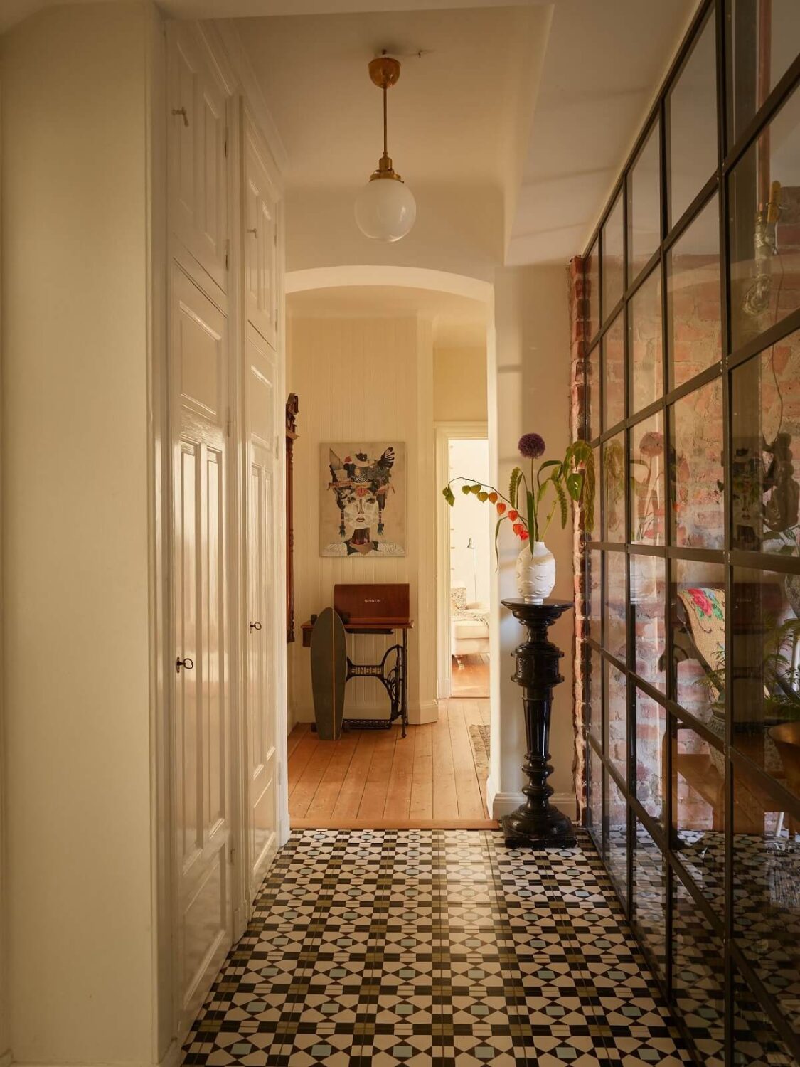 Beautiful Historic Details in a Large and Inviting Family Apartment 21 hallway floor tiles and industrial glass wall