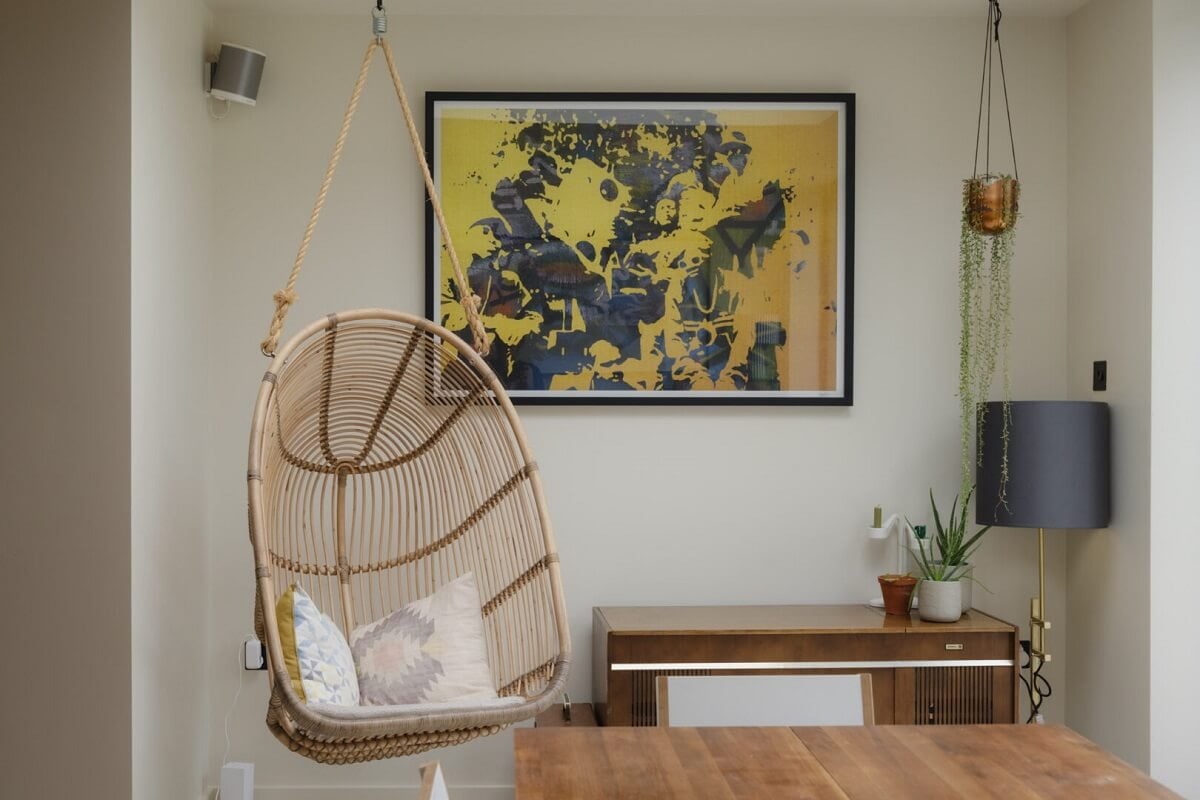 Nature-Inspired Colors in an Extended East London Home 9 hanging rattan chair