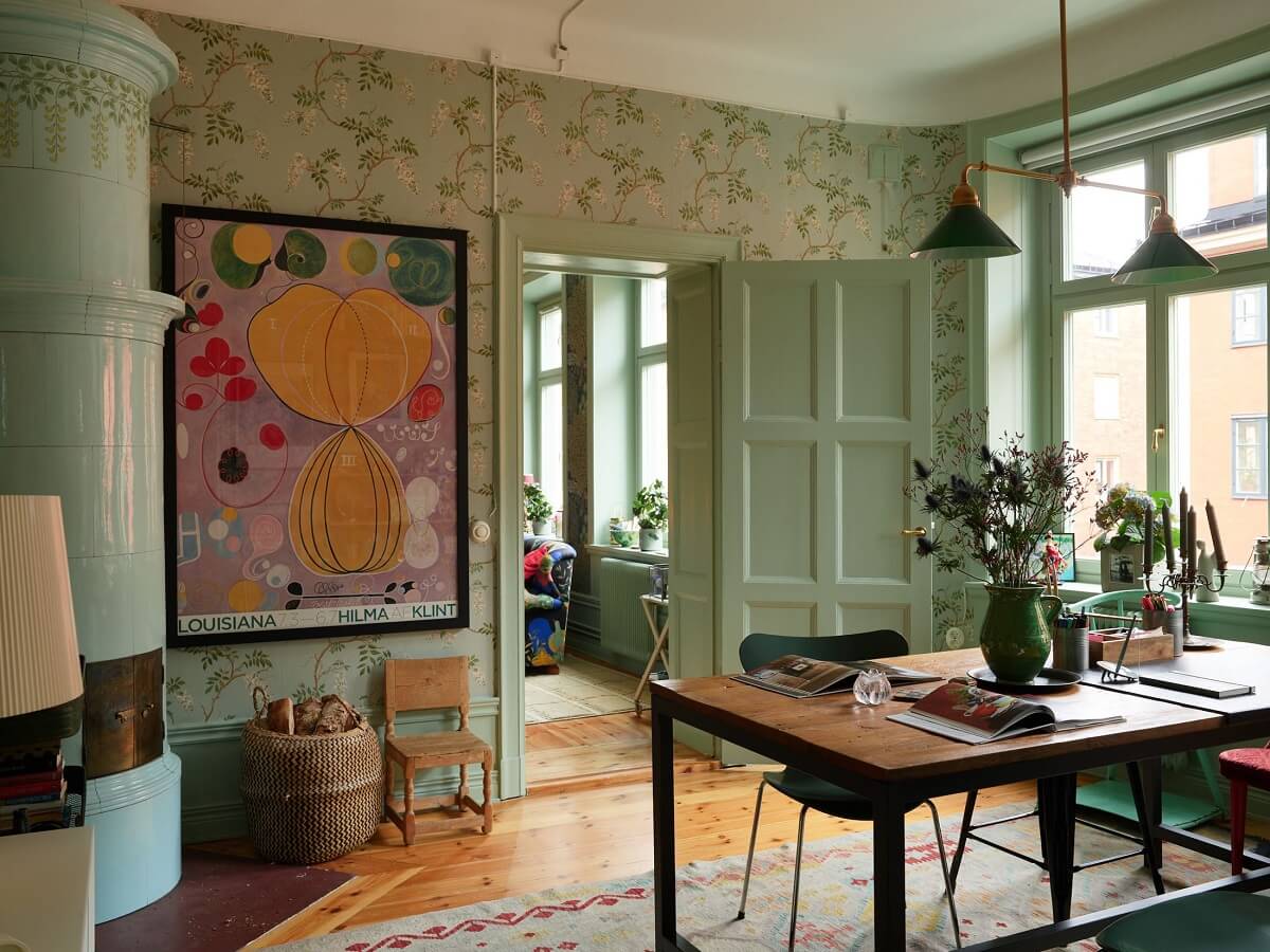 Best of 2024: Home Offices 5 home office william morris wallpaper wooden table fireplace