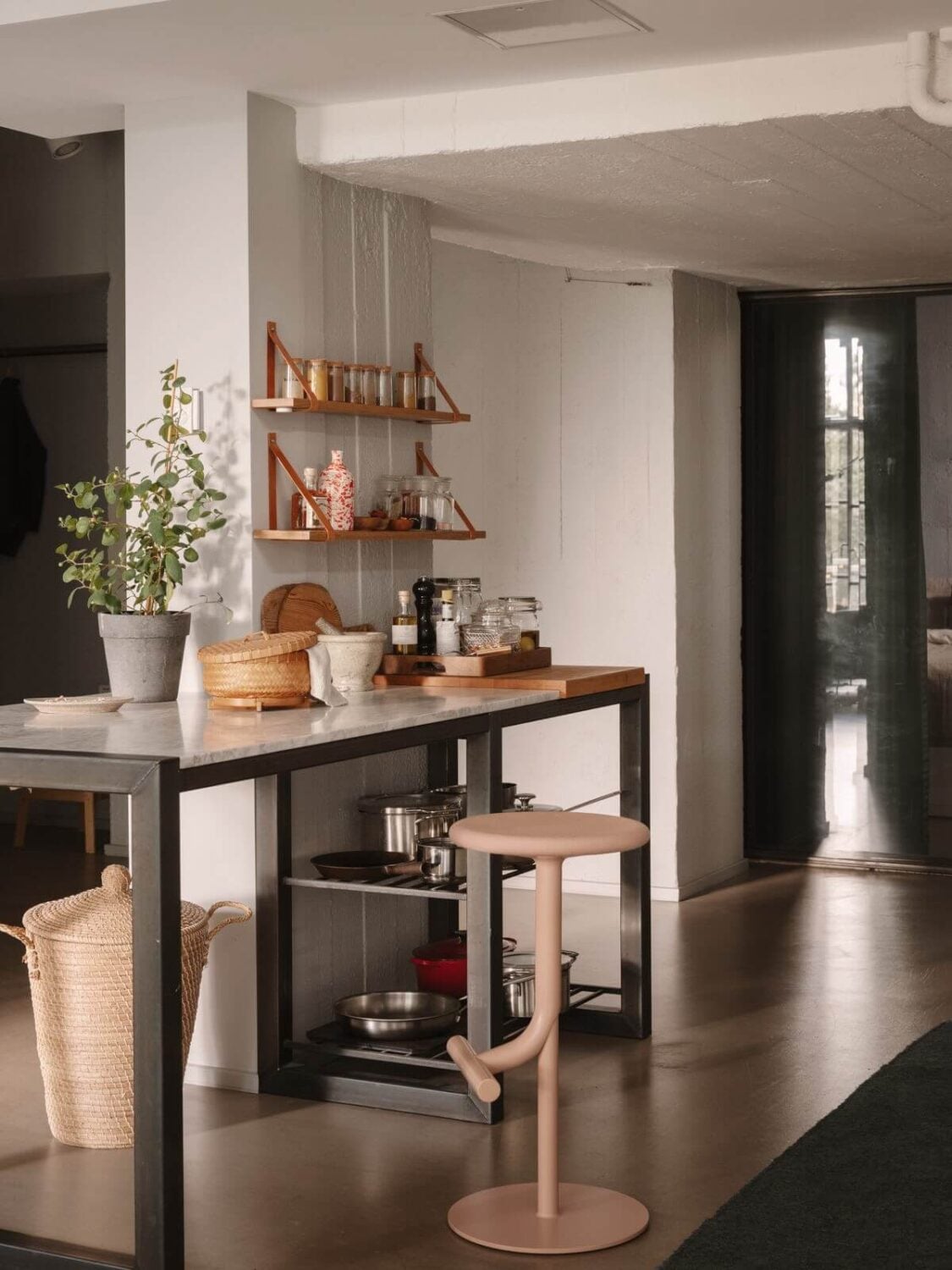 A Modern Industrial Basement Apartment in Sweden 14 kitchen bar seating