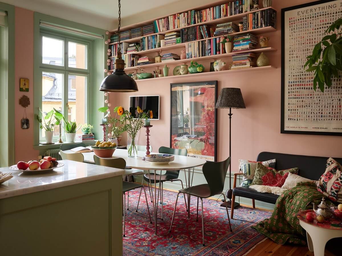 Pink and Green Rooms and Charming Wallpapers in a Family Apartment 7 kitchen dining space bookshelves pink walls