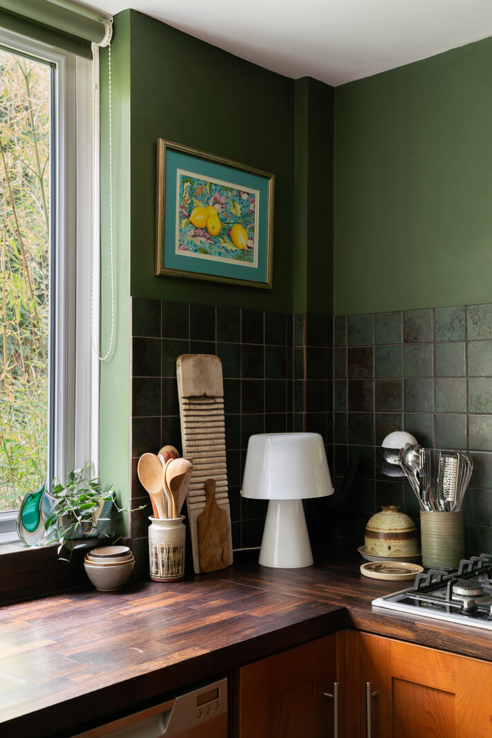 A Beautiful Mid-Century House in London 8 kitchen green tiles and wall