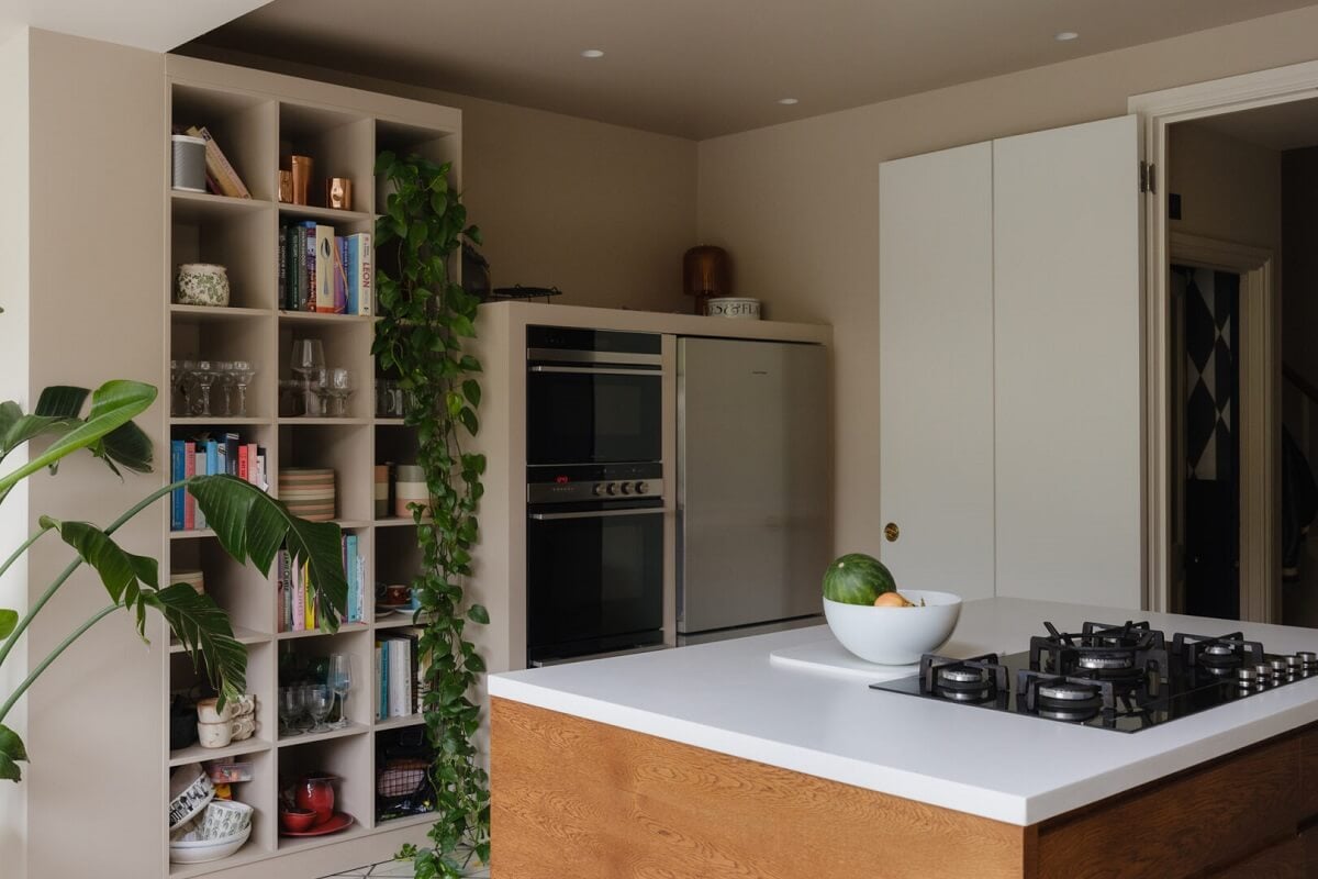 Nature-Inspired Colors in an Extended East London Home 6 kitchen island and open storage