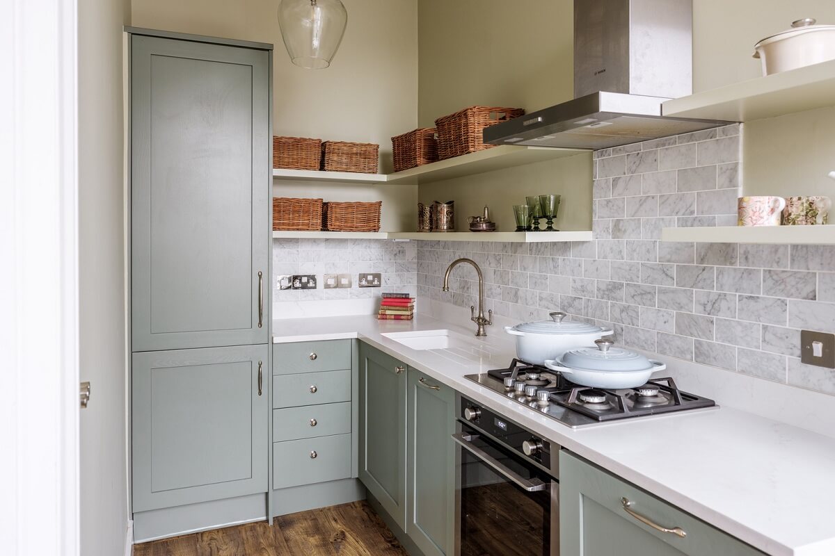 A Beautiful One-Bedroom Apartment with Plants and Period Features 6 kitchen with carrara marble worktop and shelves