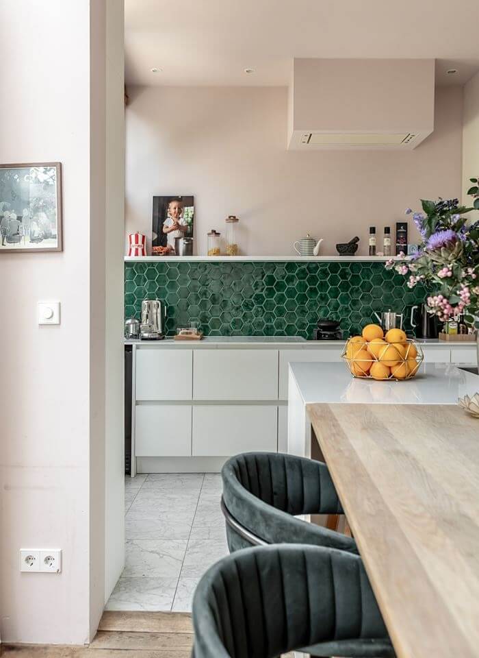 A Beautiful Monumental Villa with Green Color Accents 10 kitchen with green backsplash tiles