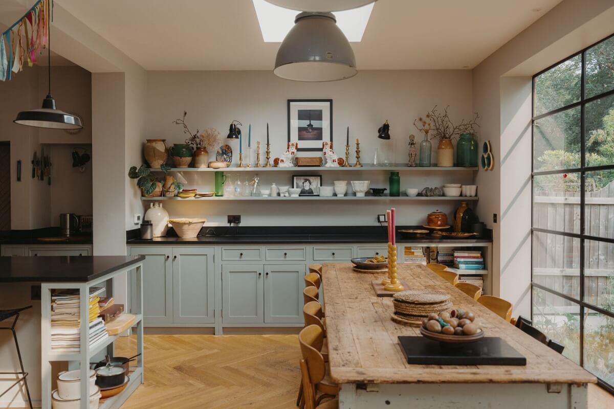 Original Details and a Modern Extension in a London House 7 kitchen with shelves and large table