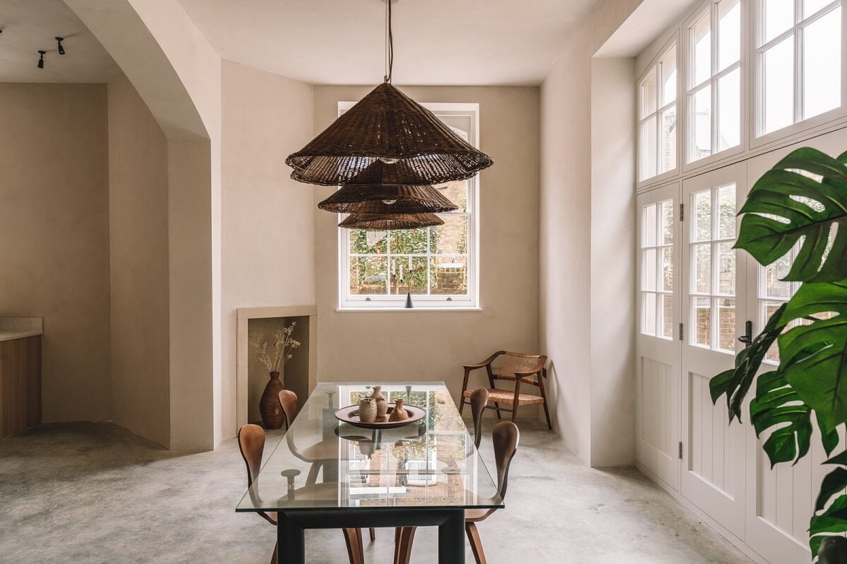 Contemporary Interiors with Limewash Walls in an Old School Building 6 large open plan living space high ceiling neutral color palette