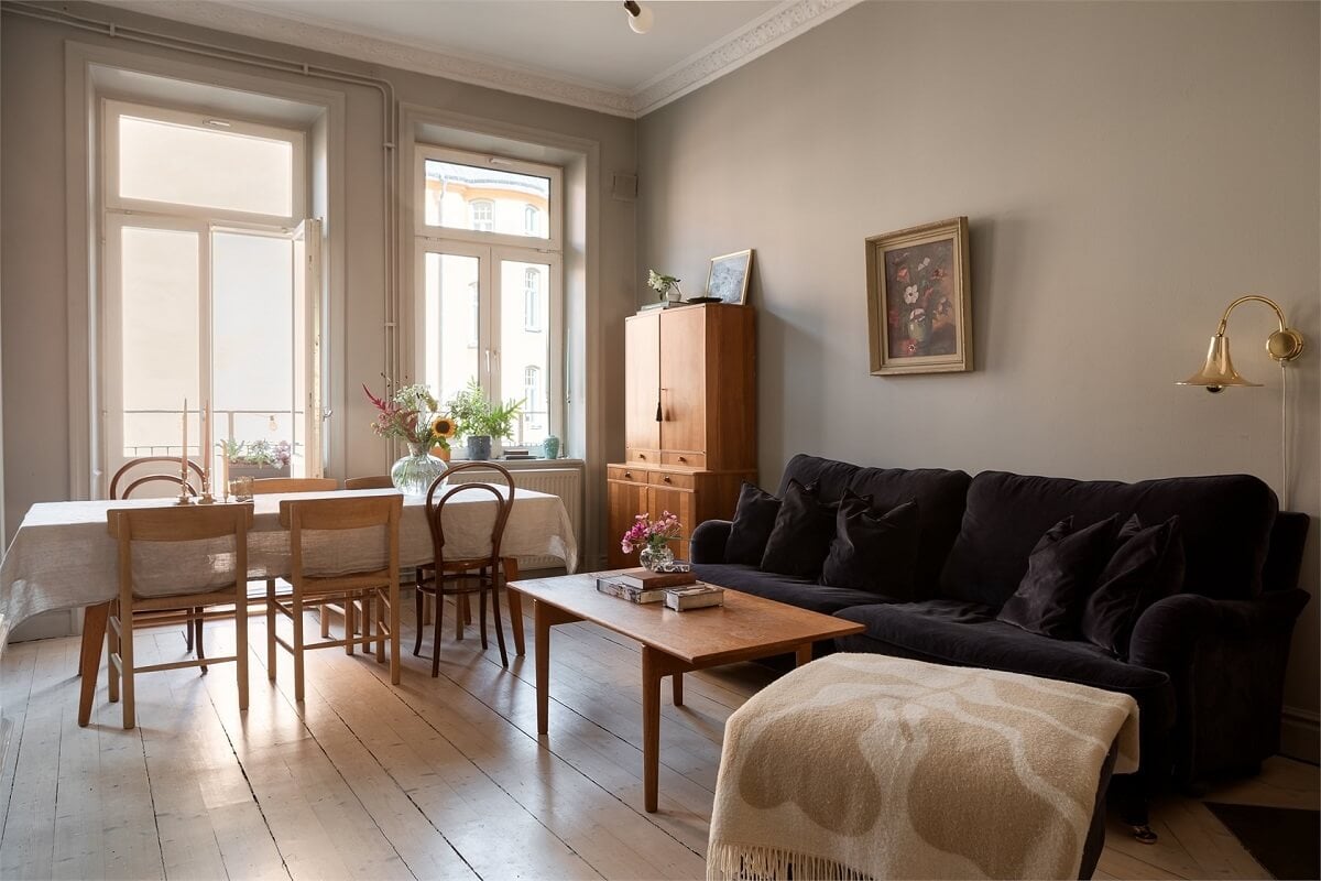 A Turn-of-the-Century Apartment with a Dark Blue Bedroom - Revisited 1 light gray living room