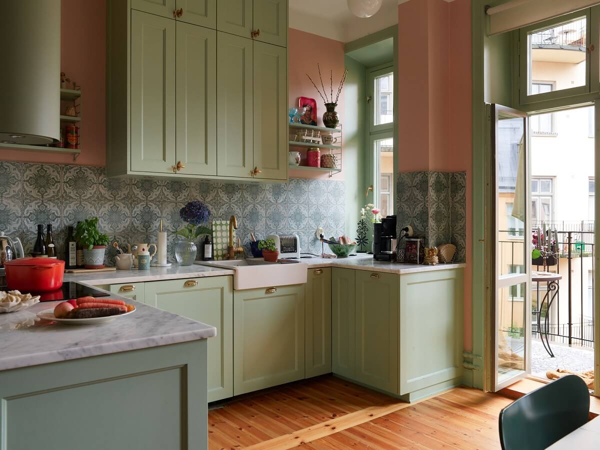 Best of 2024: Kitchens 1 light green kitchen cabinets pink walls