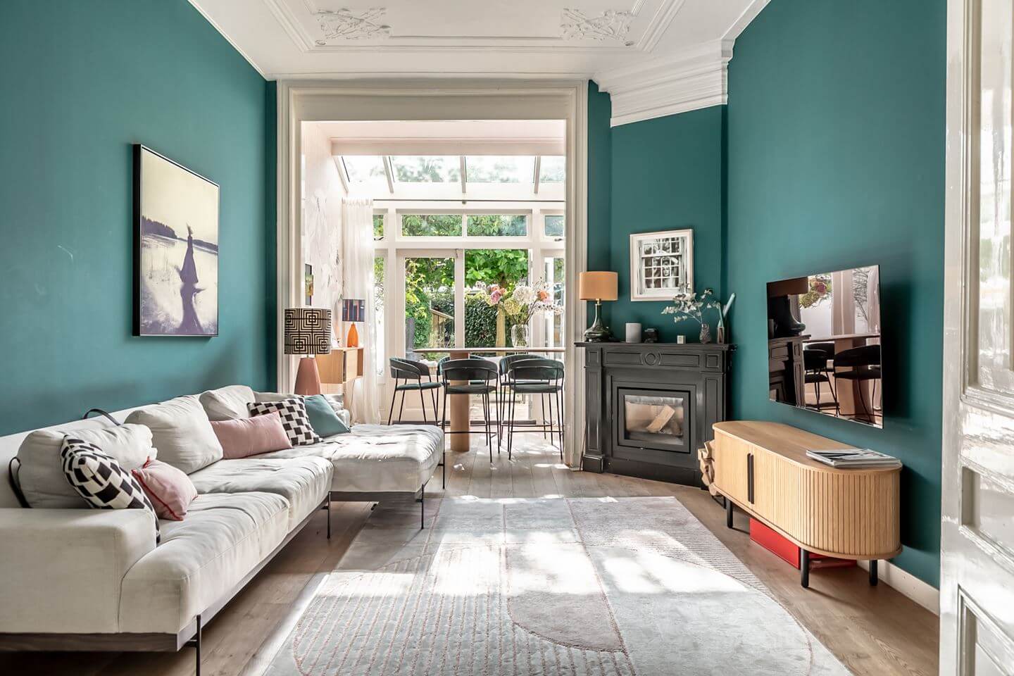A Beautiful Monumental Villa with Green Color Accents 8 light open plan living room kitchen
