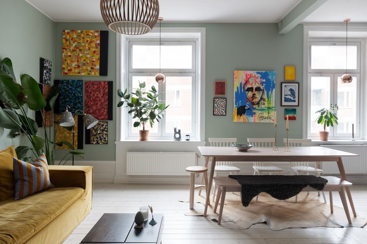 Colorful Art and Furniture in a Stylish Scandi Apartment 11 light open plan scandi living room
