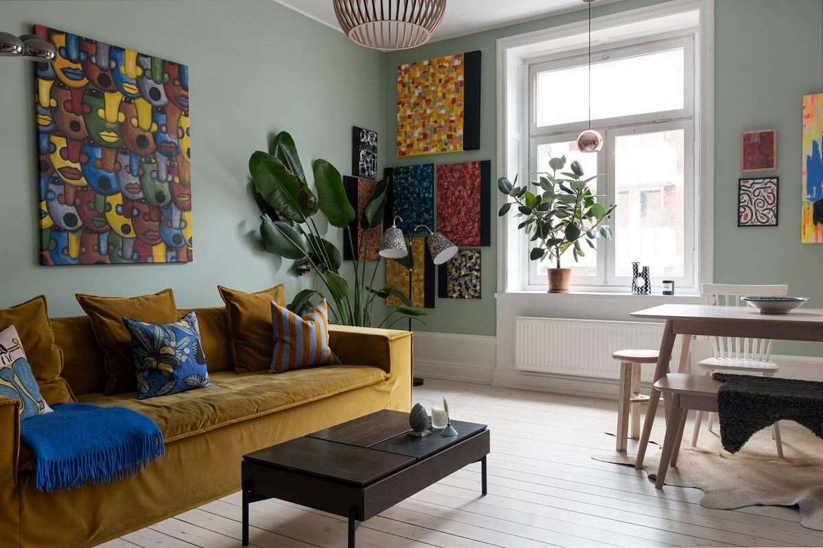 Colorful Art and Furniture in a Stylish Scandi Apartment 9 light scandi living room colorful furniture decor