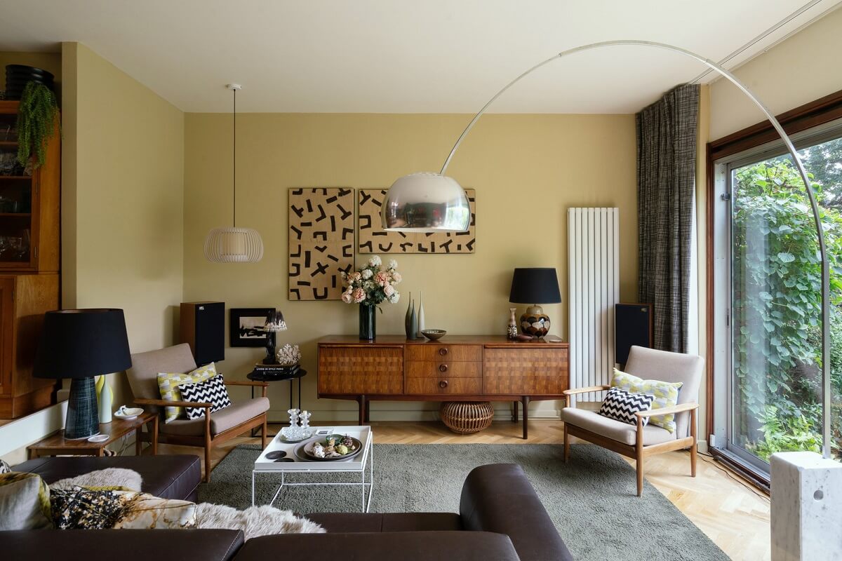 A Beautiful Mid-Century House in London 2 living room with beige yellow walls