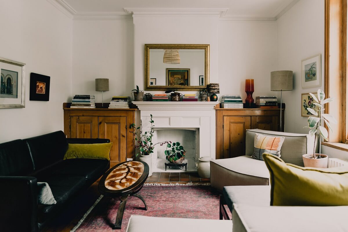 Period Details in a Cozy London Apartment in a Victorian Tenement Building 4 living room with fireplace mantel