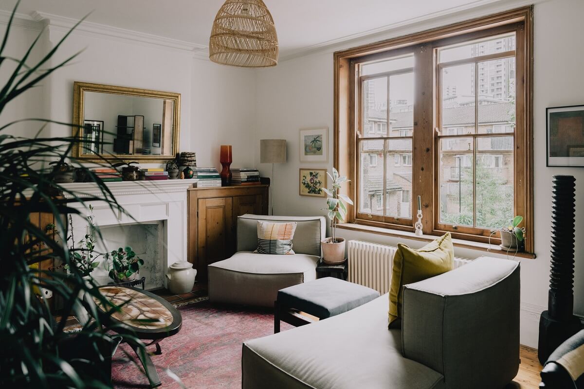 living room with large windows