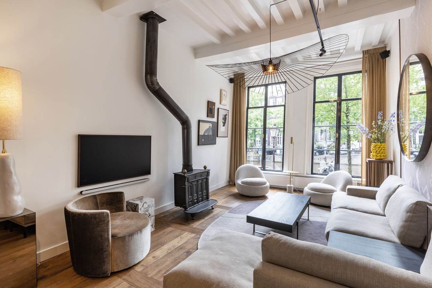 living room wooden ceiling woodburner