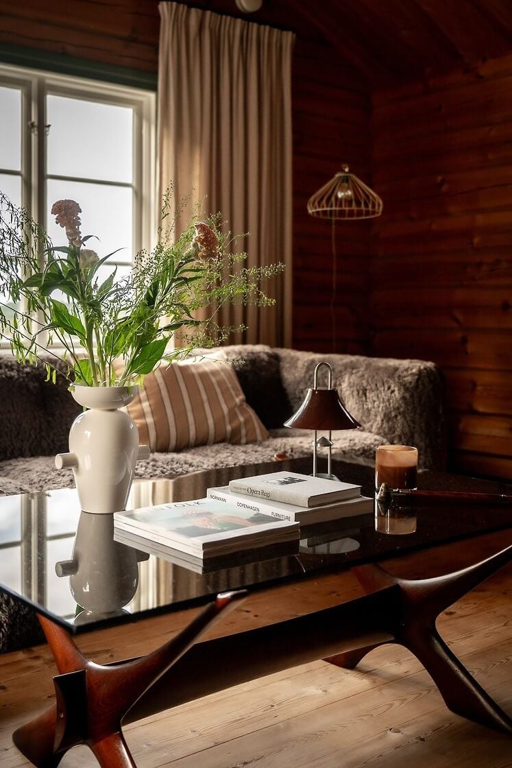 A Warm Scandinavian Log House with a Green Roof 6 log house living room detail