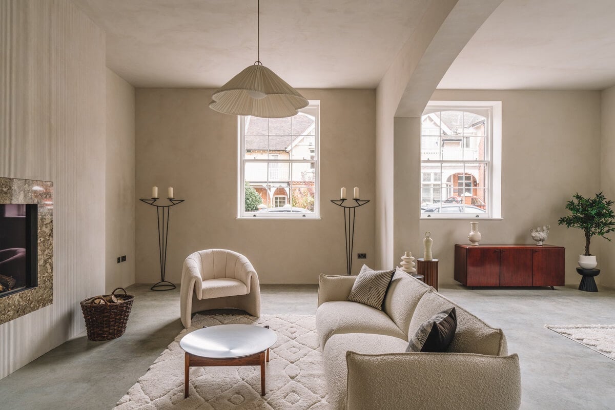 Contemporary Interiors with Limewash Walls in an Old School Building 8 open plan living room