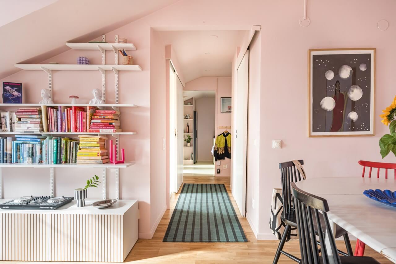 A Small, Colorful Attic Apartment with A Yellow Kitchen 10 pastel pink living room A Small, Colorful Attic Apartment with A Yellow Kitchen