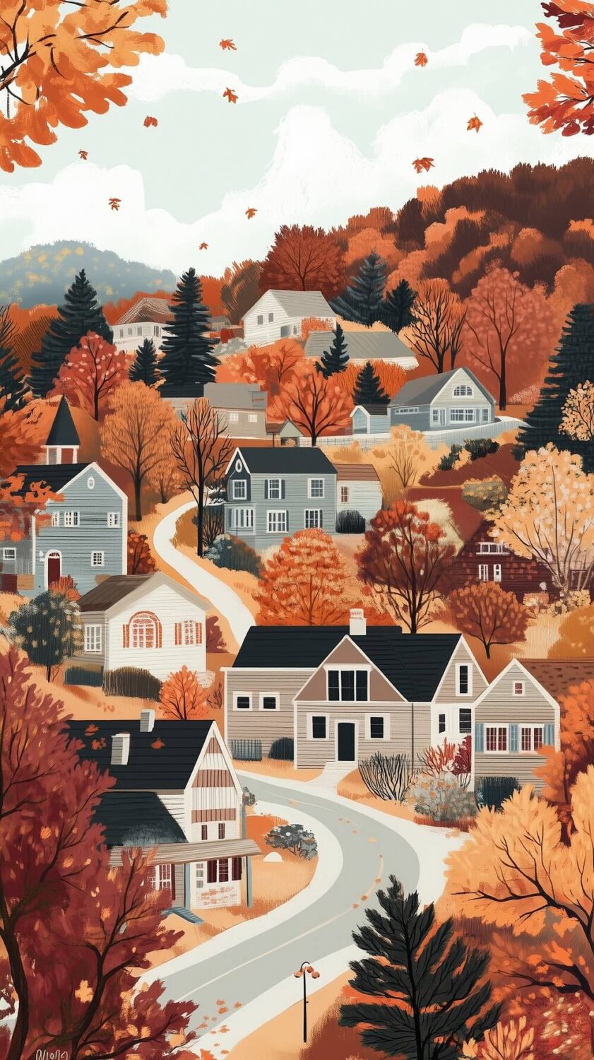 Beautiful (and Fun) Fall Phone Wallpapers to Start the Cozy Season 13 phone wallpaper illustration american town fall landscape nordroom