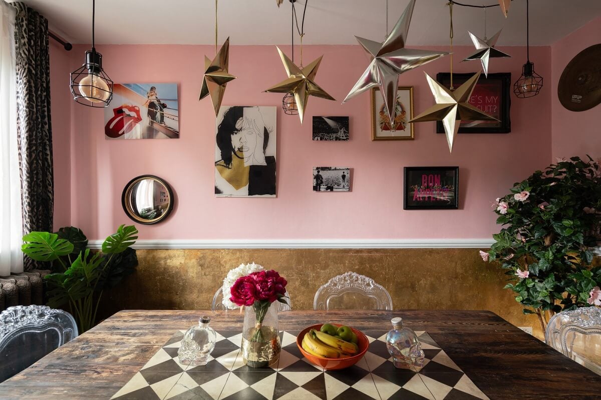 A Colorful Gothic-Style School Conversion in England 3 pink dining room
