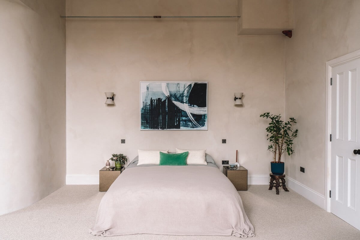Contemporary Interiors with Limewash Walls in an Old School Building 12 serene bedroom