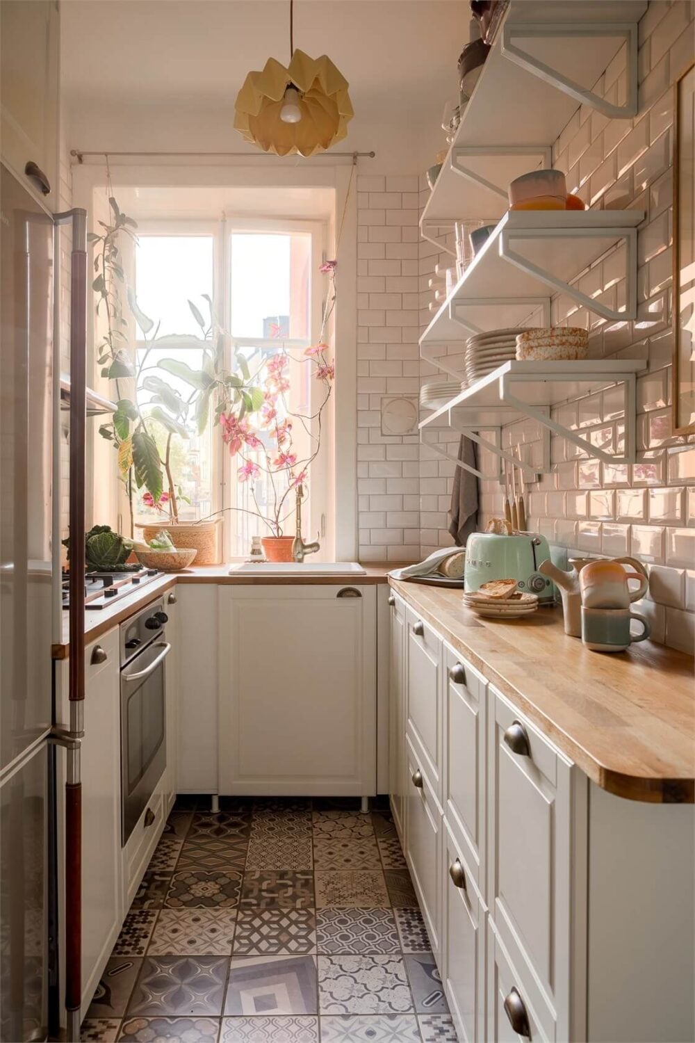 The Pros and Cons of a Wooden Kitchen Countertop 12 small kichen with white tiles cabinets and wooden worktop