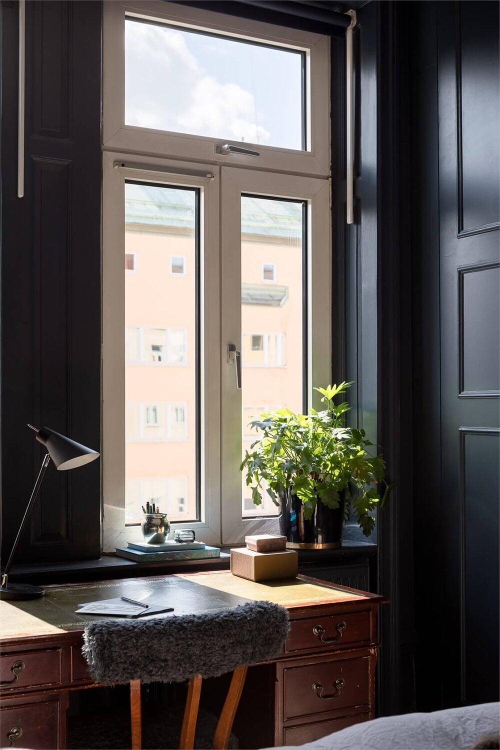A Turn-of-the-Century Apartment with a Dark Blue Bedroom - Revisited 18 vintage desk dark blue bedroom