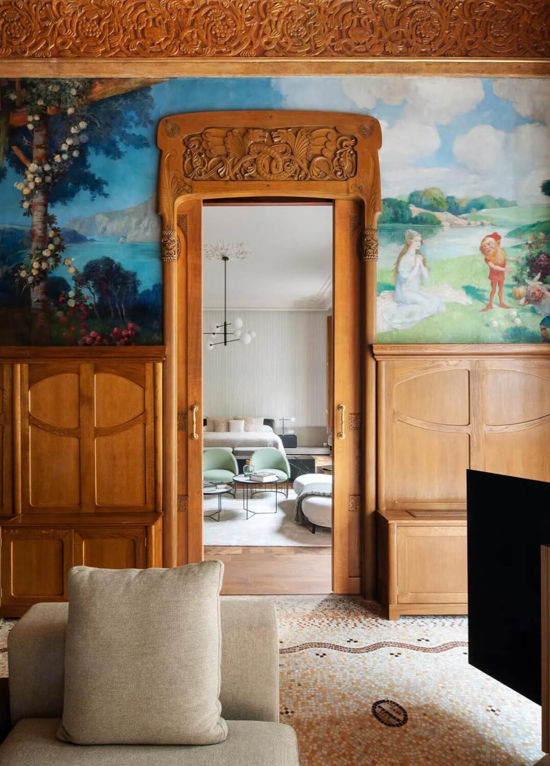An Eclectic Mix of Modernist Elements and Luxurious Finishes in Barcelona 2 wall mural living room wood accents