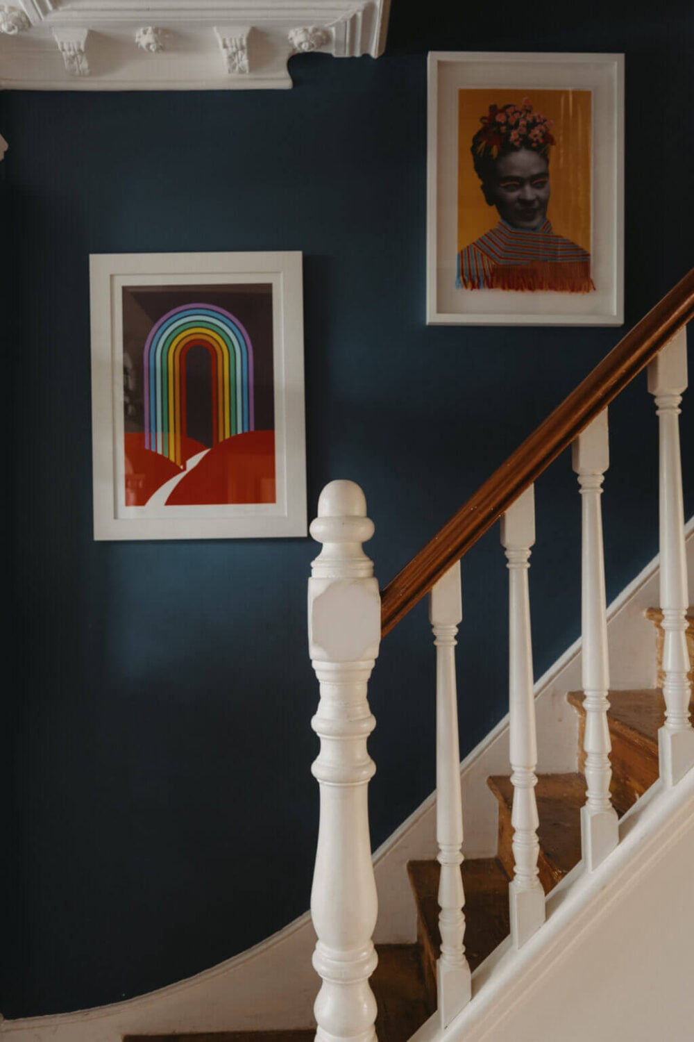 Original Details and a Modern Extension in a London House 16 woodn staircase dark blue wall color