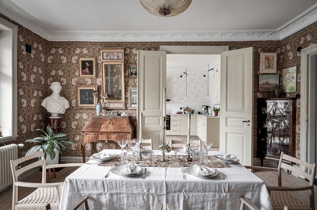 A Stately Apartment with Period Details and Wallpapers 4 antique dining room and double doors to kitchen