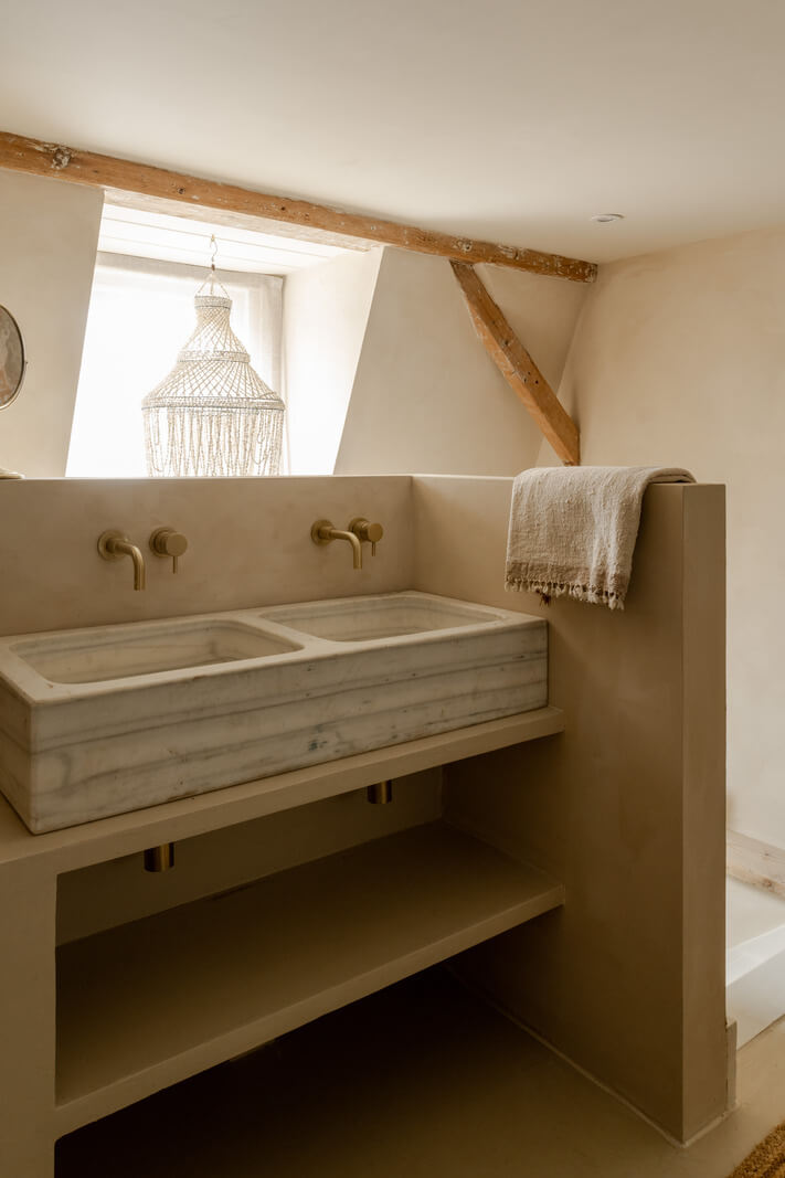 Serene Spaces with Limewash Walls in an English Victorian Home 18 attic bathroom double sink