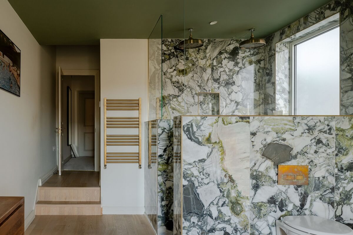 A Colorful Edwardian Family Home in London 17 bathroom marble shower green ceiling