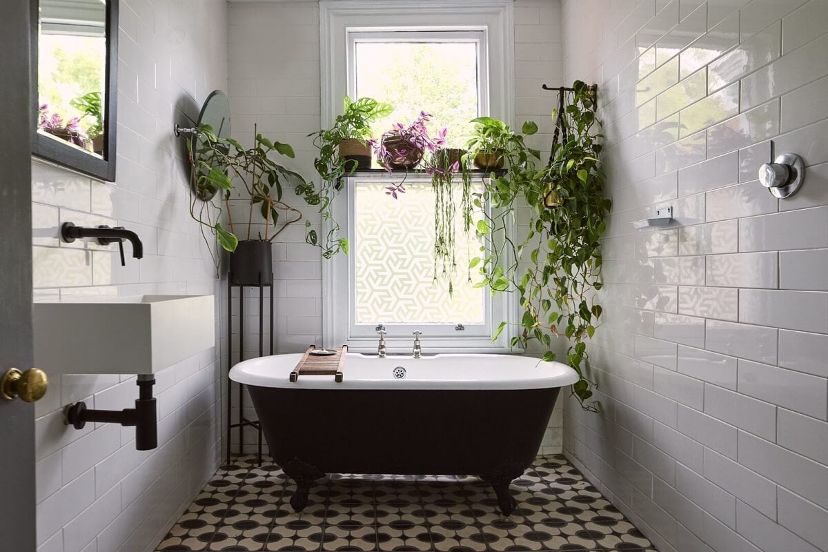 A Grand Victorian House with Many Period Features and a Lush Garden 21 bathroom with plants and black freestanding bath