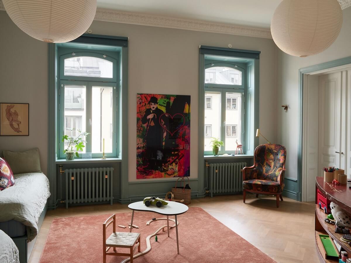 A Colorful Turn-of-the-Century Family Apartment in Stockholm 10 childrens room home office blue window frames