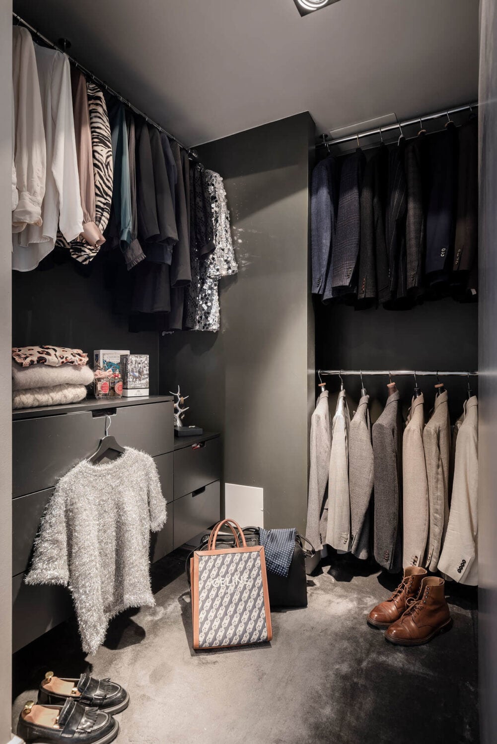 A Burgundy Kitchen in a Stylish Scandinavian Apartment 22 dark gray walk in closet
