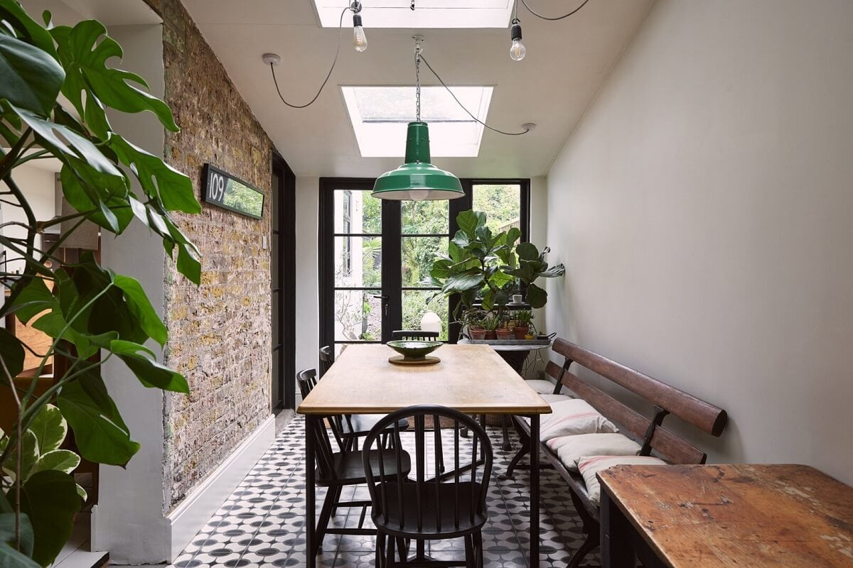 A Grand Victorian House with Many Period Features and a Lush Garden 7 dining room skylights tiled floor brick wall