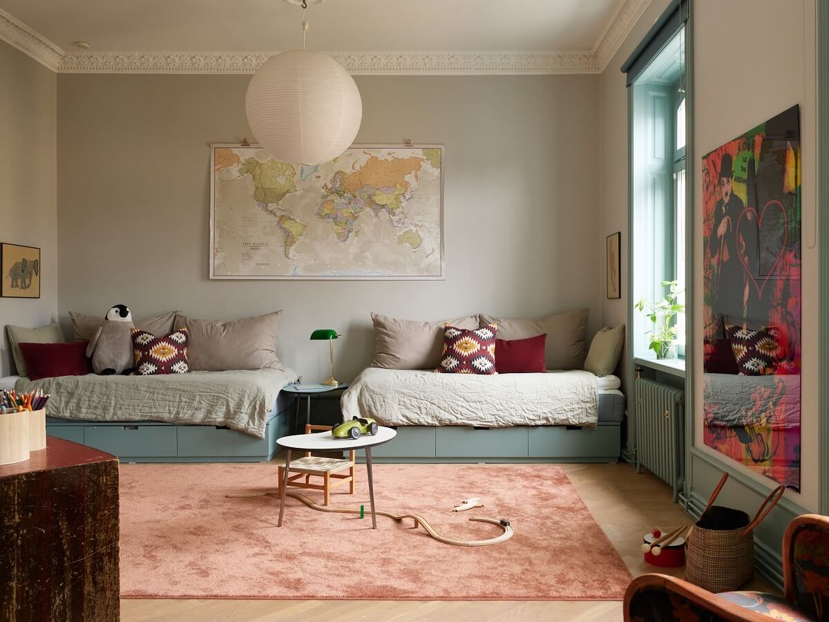 A Colorful Turn-of-the-Century Family Apartment in Stockholm 8 double childrens bedroom with large rug