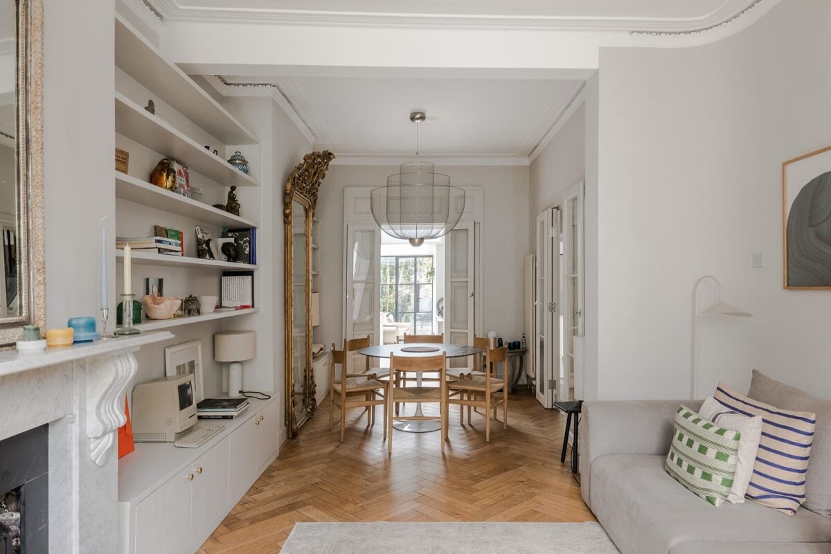 A Bright Extended and Renovated Victorian House in London 2 double liivng room with parquet floor and light gray walls nordroom