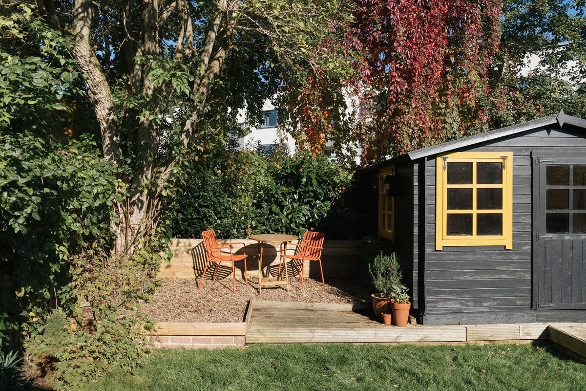 Colorful Rooms and Period Features in a London Terrace House 21 garden with shed and seating
