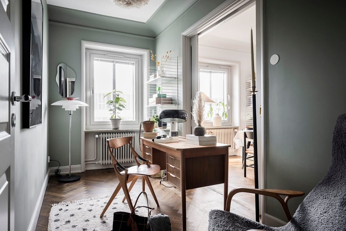 A Burgundy Kitchen in a Stylish Scandinavian Apartment 9 home office with wooden desk