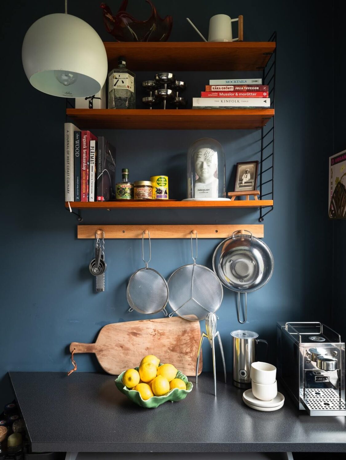 A Small Swedish Apartment with Dark Blue Walls 8 kitchen coffee corner