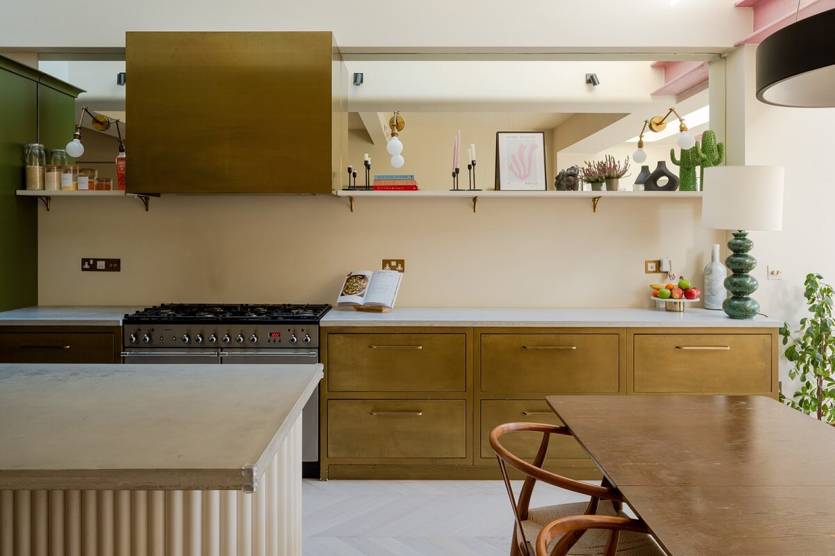 A Colorful Edwardian Family Home in London 6 kitchen with brass cabinets