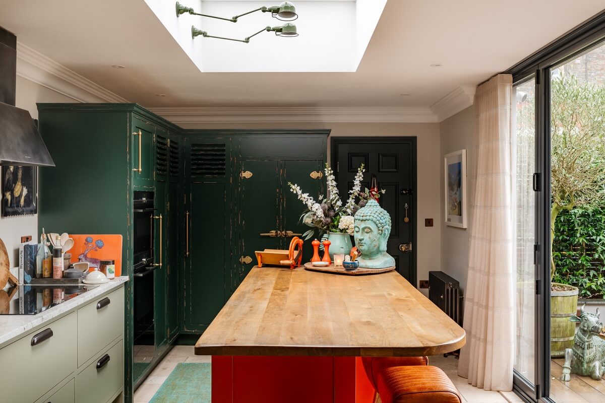 Eclectic Interiors in a Historic Bristol Apartment 7 kitchen with skylight and green cupboards