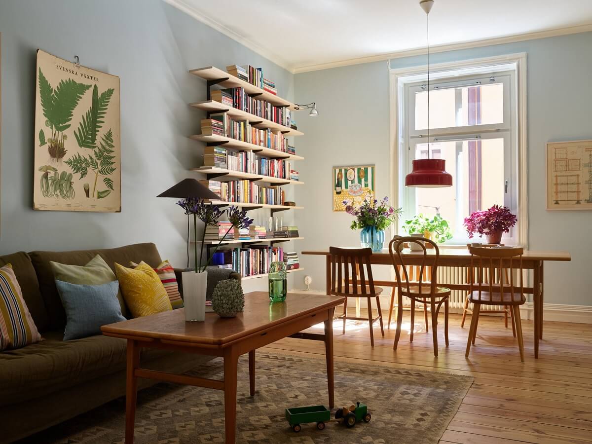 light blue living room wooden table with wooden floor