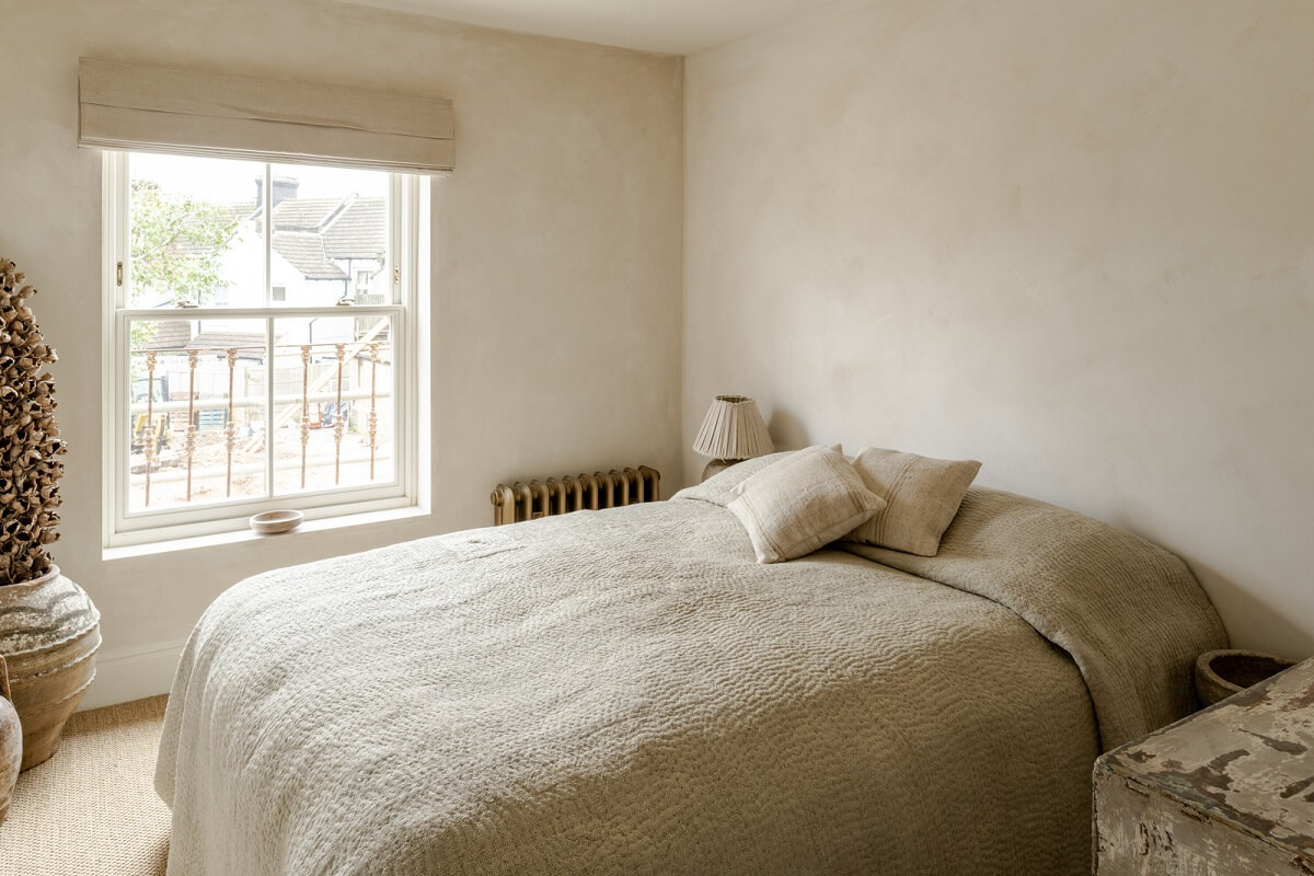 Serene Spaces with Limewash Walls in an English Victorian Home 21 light limewash bedroom