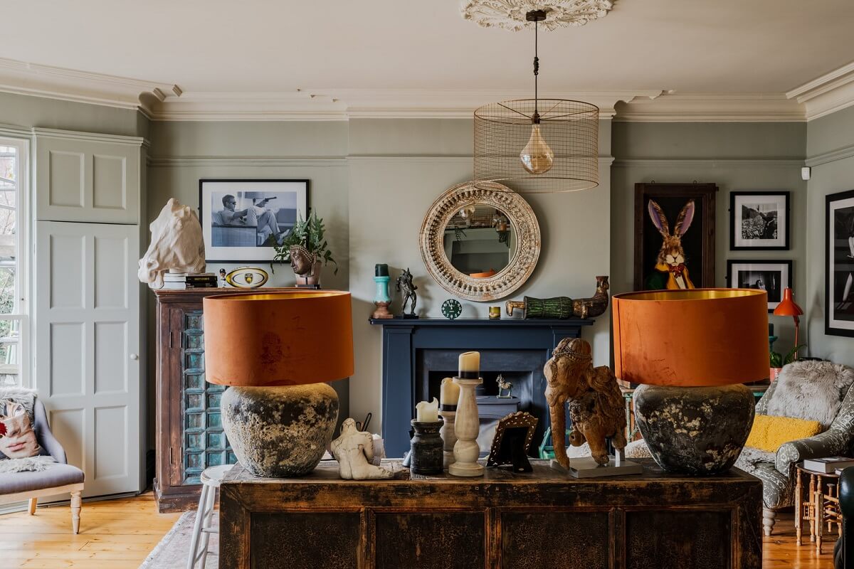 Eclectic Interiors in a Historic Bristol Apartment 3 living room large terracotta table lamps