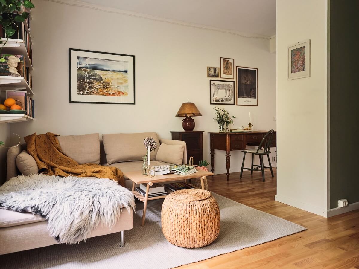 A Small Swedish Apartment with a Social and Semi-Open Floorplan 11 living room with vintage desk